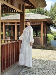 Mini desen Varaklı Viskon Elbise Beyaz