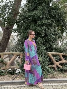 Mor-pembe Patchwork gömlek elbise