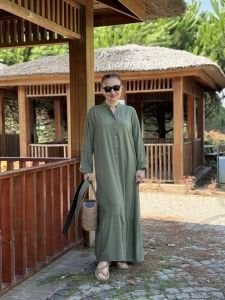 Tensel pamuk kemerli düğmeli elbise haki