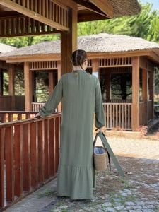 Tensel pamuk kemerli düğmeli elbise haki