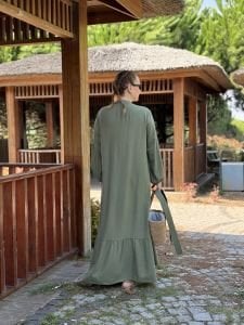 Tensel pamuk kemerli düğmeli elbise haki