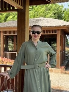 Polo Tensel pamuk kemerli  elbise haki