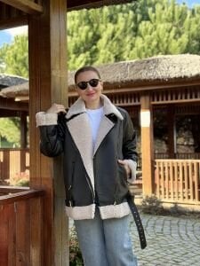 Z.r  kürklü deri mont Kırık beyaz