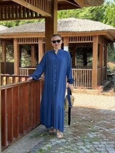 Tensel pamuk kemerli düğmeli elbise indigo