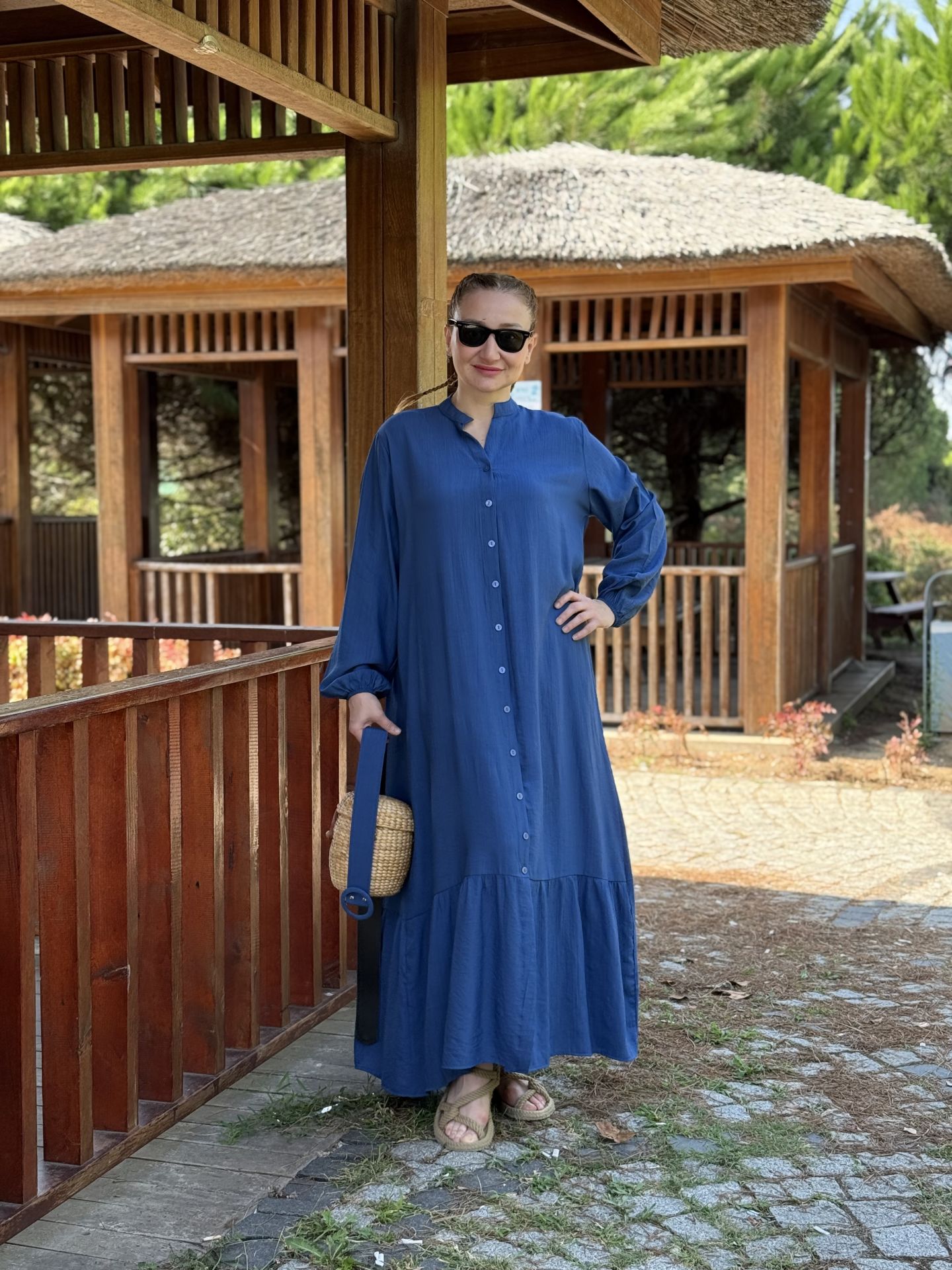 Tensel pamuk kemerli düğmeli elbise indigo