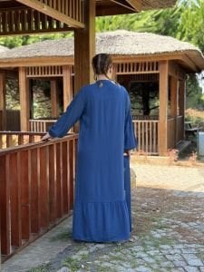 Tensel pamuk kemerli düğmeli elbise indigo