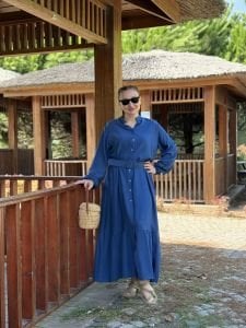 Tensel pamuk kemerli düğmeli elbise indigo