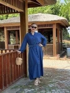 Polo Tensel pamuk kemerli elbise indigo