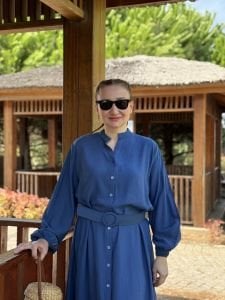 Tensel pamuk kemerli düğmeli elbise indigo