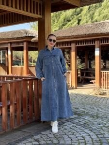 Fermuarlı cepli Kot elbise Mavi