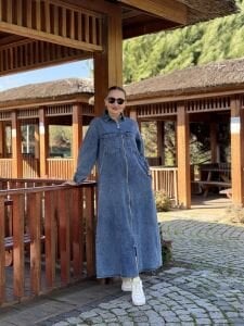 Fermuarlı cepli Kot elbise Mavi