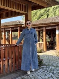 Fermuarlı cepli Kot elbise Mavi