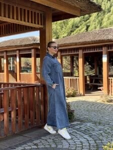 Fermuarlı cepli Kot elbise Mavi