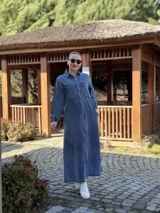 Fermuarlı cepli Kot elbise Mavi