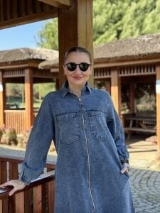 Fermuarlı cepli Kot elbise Mavi