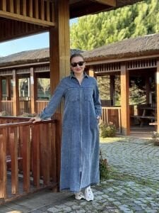 Fermuarlı cepli Kot elbise Mavi