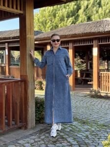 Fermuarlı cepli Kot elbise Mavi