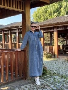 Fermuarlı cepli Kot elbise Mavi