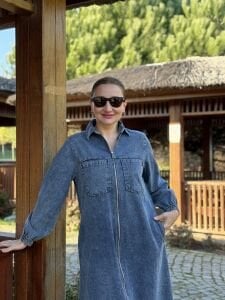 Fermuarlı cepli Kot elbise Mavi