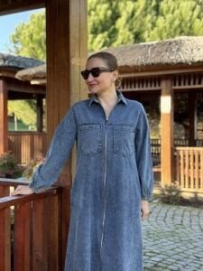 Fermuarlı cepli Kot elbise Mavi