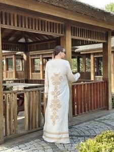 Henna viskon elbise ekru-hardal