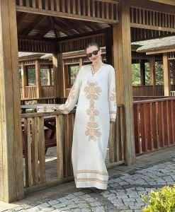 Henna viskon elbise ekru-hardal