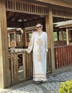 Henna viskon elbise ekru-hardal