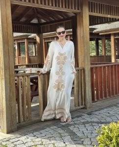 Henna viskon elbise ekru-hardal