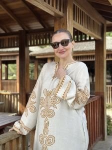 Henna viskon elbise ekru-hardal