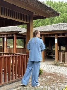 Crus Kemerli denim takım mavi