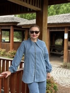 Crus Kemerli denim takım mavi