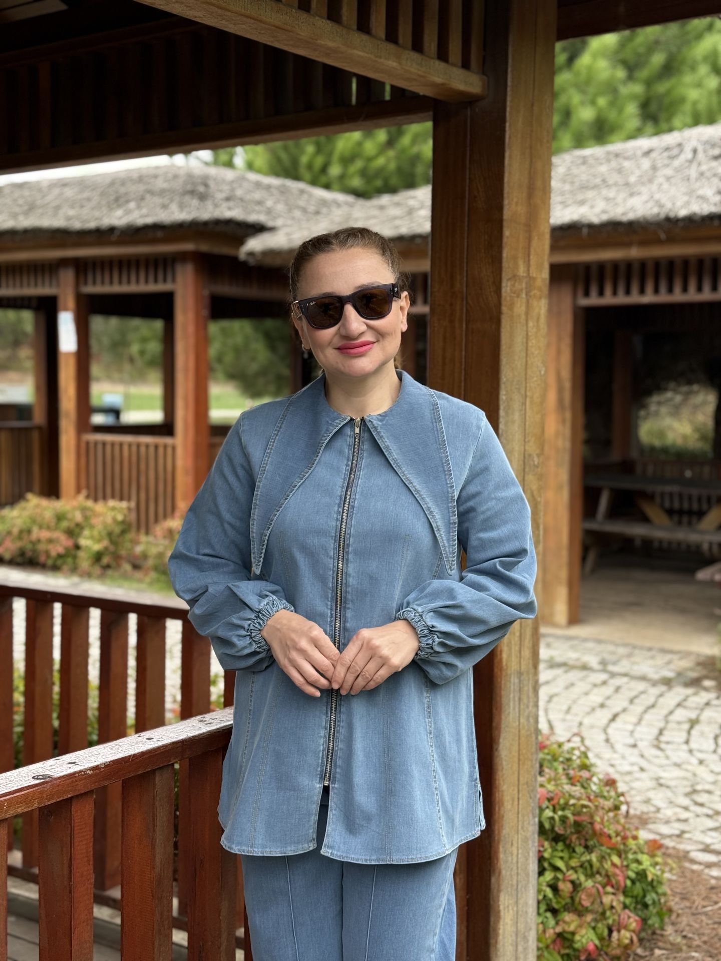 Crus Kemerli denim takım mavi