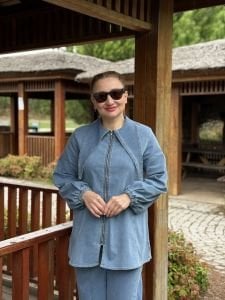 Crus Kemerli denim takım mavi