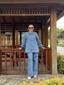 Crus Kemerli denim takım mavi