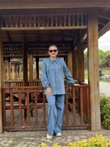 Crus Kemerli denim takım mavi