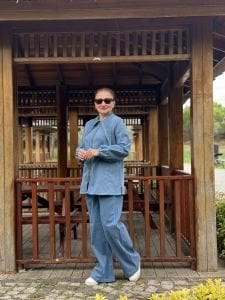 Crus Kemerli denim takım mavi