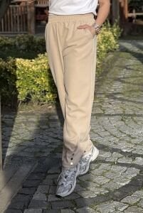 Paça detaylı A.akay beli lastikli kumaş pantolon bej