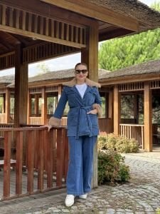 Star Kürklü Kemerli denim takım mavi