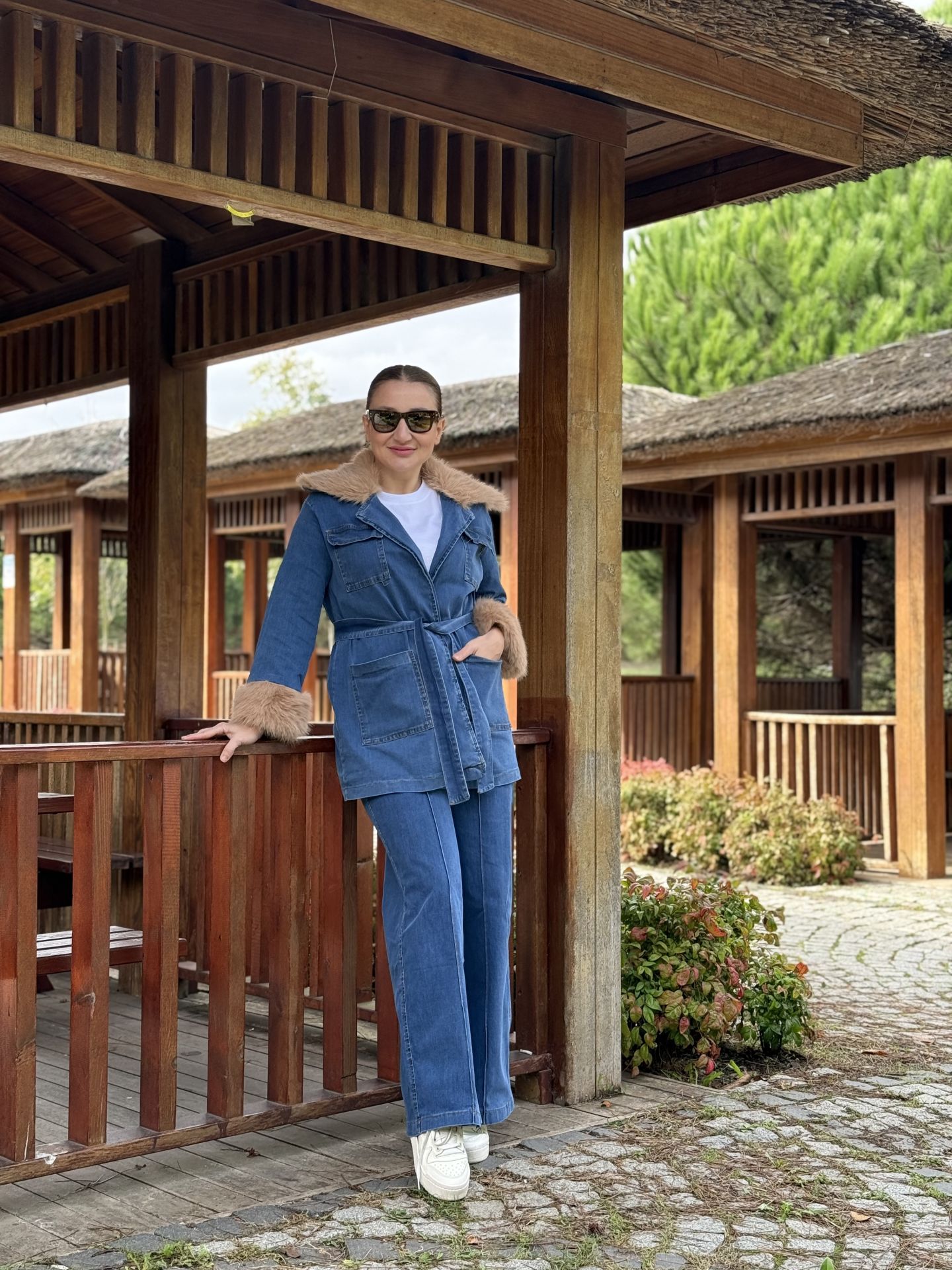 Star Kürklü Kemerli denim takım mavi