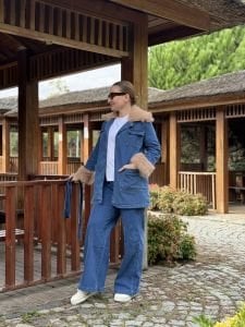 Star Kürklü Kemerli denim takım mavi