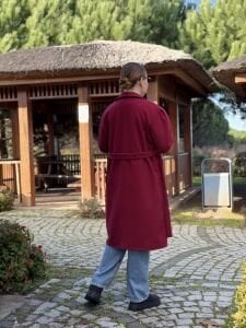 Kemerli Kaşe Kaban Bordo