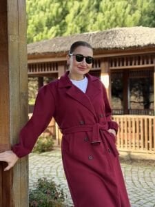 Kemerli Kaşe Kaban Bordo