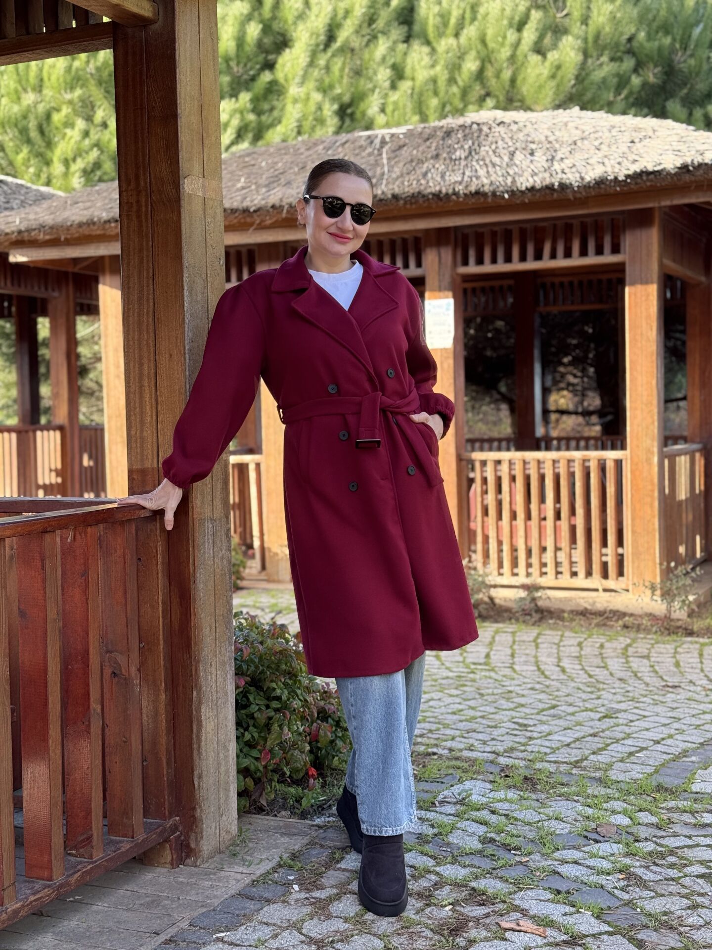 Kemerli Kaşe Kaban Bordo