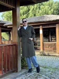 Kemerli Kaşe Kaban Haki