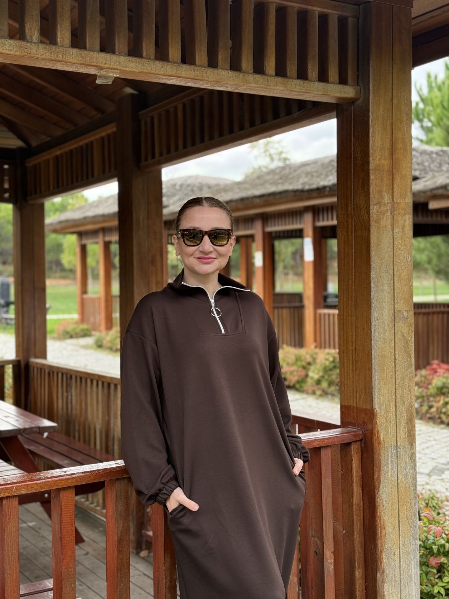 Kahve Yarım FERMUARLI OYSHO ELBİSE