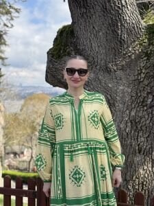 Yeşil-bej pamuk seçil elbise