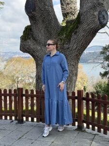 Hera Etek ucu fırfır elbise indigo