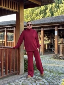 Bordo triko takım balıkçı yaka