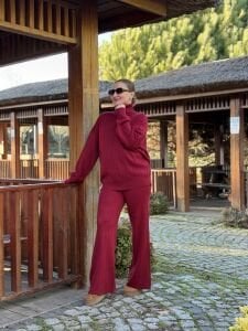 Bordo triko takım balıkçı yaka