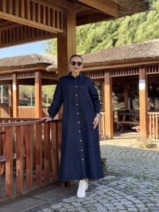 Tam düğmeli kot elbise lacivert